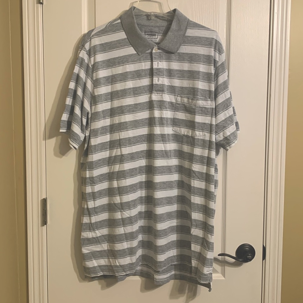The Foundry short sleeve polo with pocket.  Light grey and white stripes.